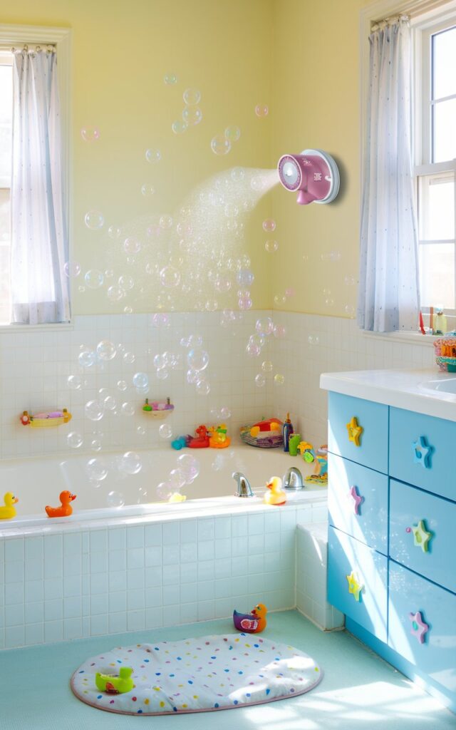 A photo of a cheerful kids' bathroom filled with light and color. There's a suction-mounted bubble machine attached to the smooth tiled wall just above the bathtub. The bubble machine emits a steady stream of shimmering bubbles that float playfully around the room, adding a magical, whimsical touch to bath time. Surrounding the tub are colorful rubber ducks, bath toys, and a soft, non-slip mat with polka dots. The walls are painted in a sunny pastel yellow, and the vanity has bright blue cabinetry with fun star-shaped knobs. Windows with curtains flood the space with natural light, making every bubble sparkle.