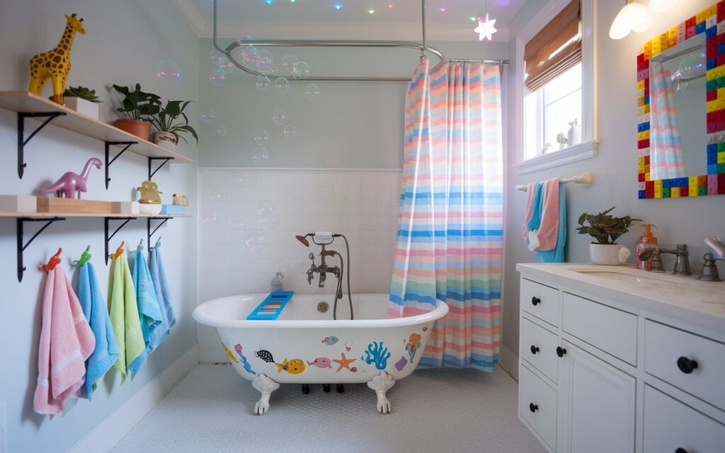 A photo of a cheerful, light-filled kids bathroom bursting with personality and color. The space features a vintage clawfoot tub with peel-and-stick sea creature decals swimming along its base, and a pastel-striped shower curtain billowing playfully in the breeze. Above the vanity, a mirror framed in LEGO bricks doubles as a toothbrush holder, while cloud-shaped cabinet knobs add a dreamy touch. Tiny houseplants in giraffe and dinosaur pots perch on open wood shelves, and a rainbow of towels hangs neatly from animal-shaped hooks at kid-height. Floating bubbles from a wall-mounted bubble machine drift through the air, and glow-in-the-dark stars dot the ceiling, waiting to sparkle after sundown.