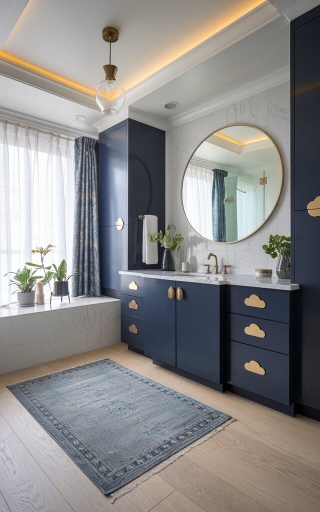 A photo of a chic bathroom blending glam and Scandinavian styles. The room has navy blue cabinetry with sleek brass hardware for a luxe contrast. The space balances clean, minimal lines with touches of opulence, such as a matte navy cabinet paired with shiny gold drawer pulls in a cloud shape. The room has a white marble countertop and light wood flooring. There is a large round mirror with a thin brass frame. The bathroom has a recessed ceiling with a pendant light, a contrasting floor rug, a curtained window, and a few plants.