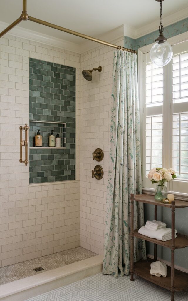 A photo of a classic Southern traditional bathroom with a shower niche highlighted with rich moss green tiles. The niche stands out against creamy textured tiles that cover the shower walls. Elegant brass faucets and curtain rod add to the contrast. The bathroom has a soft floral curtained window, a vintage wooden shelving, and pendant lighting. The moss green tile provides a lush, earthy contrast that draws the eye while complementing the room's soft pastel accents. Natural light filters through plantation shutters, enhancing the inviting, genteel Southern atmosphere.