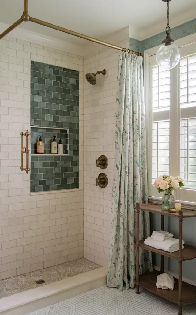 A photo of a classic Southern traditional bathroom with a shower niche highlighted with rich moss green tiles. The niche stands out against creamy textured tiles that cover the shower walls. Elegant brass faucets and curtain rod add to the contrast. The bathroom has a soft floral curtained window, a vintage wooden shelving, and pendant lighting. The moss green tile provides a lush, earthy contrast that draws the eye while complementing the room's soft pastel accents. Natural light filters through plantation shutters, enhancing the inviting, genteel Southern atmosphere.