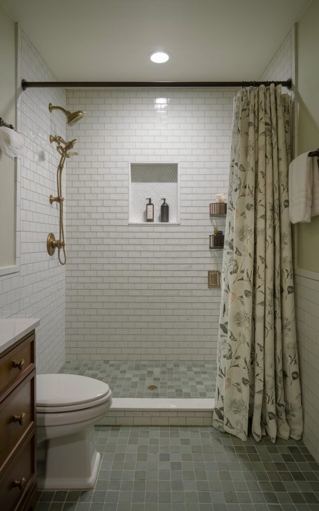 A photo of a classic traditional bathroom with a shower floor lined with slip-resistant matte green tiles in a subtle sage or moss shade. The tiles are small and square, arranged neatly to provide both safety and timeless style. The shower walls feature white subway tiles with crisp grout for a clean contrast. Brass fixtures with vintage detailing add warmth and elegance. The bathroom also has a dry area (vanity, a toilet), a floral-patterned shower curtain, a shower caddy, and a recessed LED ceiling light.