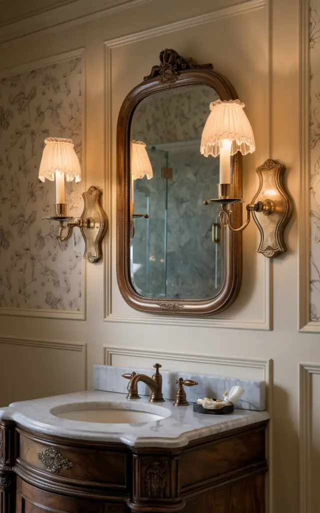 A photo of a classic traditional bathroom with elegant wall sconces mounted on either side of a vintage-style framed mirror. The sconces have candle-shaped bulbs with fabric or frosted glass shades, casting a warm, flattering glow. The mirror hangs above a marble-topped vanity with ornate wooden cabinetry in a rich mahogany or walnut finish. The background includes white or cream wainscoting, brass or bronze hardware, and subtle floral wallpaper. The overall atmosphere is cozy, timeless, and softly lit, evoking old-world charm and refined elegance. No natural light.