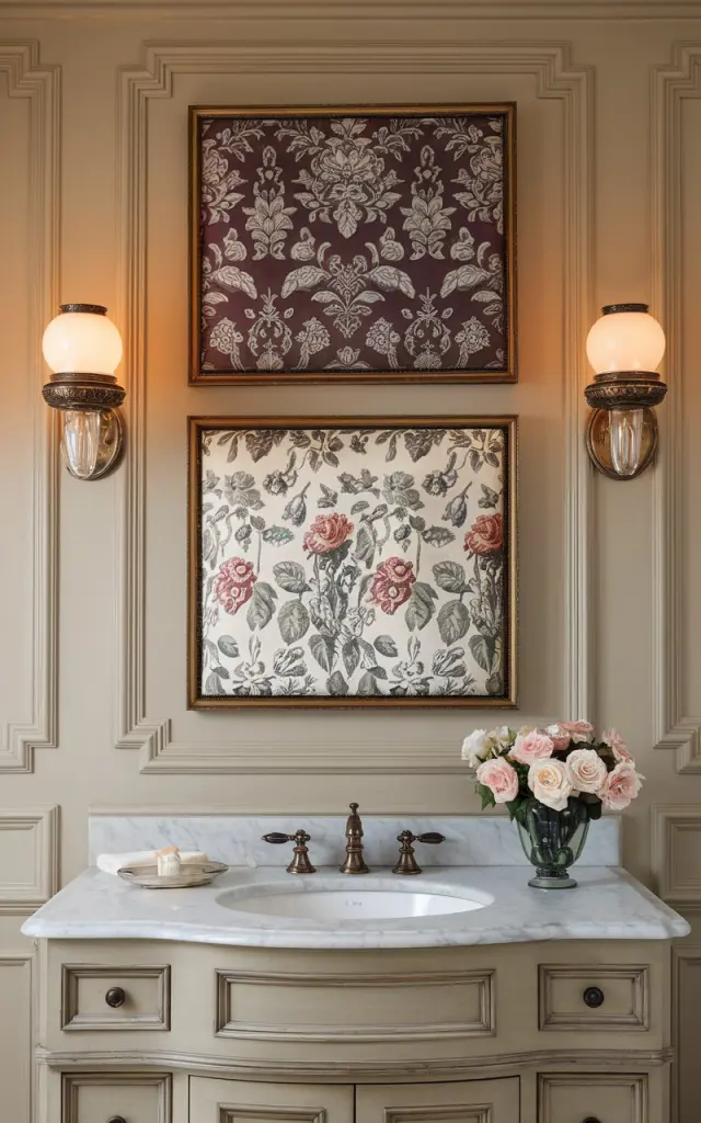 A photo of a classic traditional-style bathroom with elegant architectural details and warm, timeless finishes. On the wall above a vintage-inspired vanity, two to three framed pieces of patterned fabric are arranged in a neat row or grid. The fabrics feature rich, traditional motifs such as damask, toile, or floral chintz in colors like burgundy, navy, sage, or ivory. The frames are antique gold with matting to elevate the look. The bathroom includes wainscoting, a marble countertop, and polished brass or oil-rubbed bronze fixtures. A pair of wall sconces (light on) and a vase with fresh roses complete the refined, heritage-inspired space.