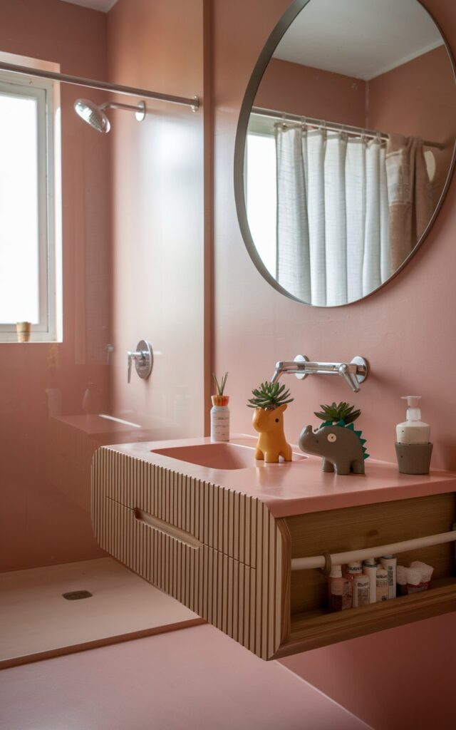A photo of a Scandinavian-style kids' bathroom with warm pink walls and natural wood accents. There's a minimalist floating vanity with two small succulent plants in playful ceramic pots shaped like a giraffe and a dinosaur. The vanity also holds essential items for kids. The bathroom has a shower and a window with a curtain. The room is illuminated by soft, even natural light.