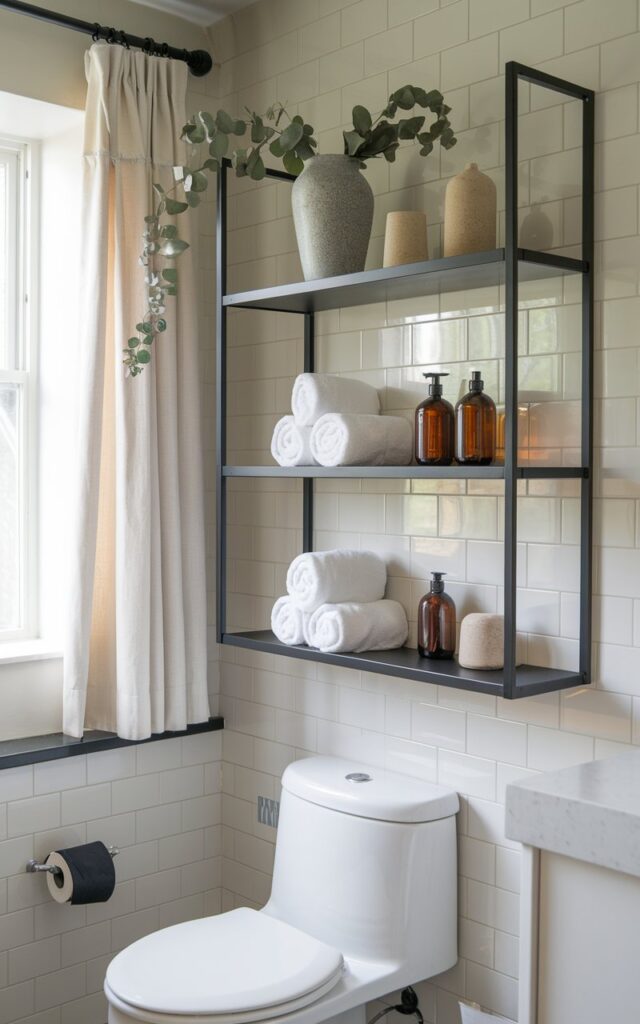 A photo of a clean, contemporary bathroom with a touch of English countryside minimalism. There is a toilet, a curtained window, and a sleek open black metal shelving mounted against a soft white tile wall. The shelves are styled with neatly rolled white towels, amber glass bottles, and ceramic décor for a spa-like vibe. A few sprigs of eucalyptus in a stone vase add a fresh, calming touch. The matte black finish of the shelves ties in with the hardware and fixtures. The contrast between the crisp white accents and the bold black frame keeps the look modern, airy, and effortlessly chic.