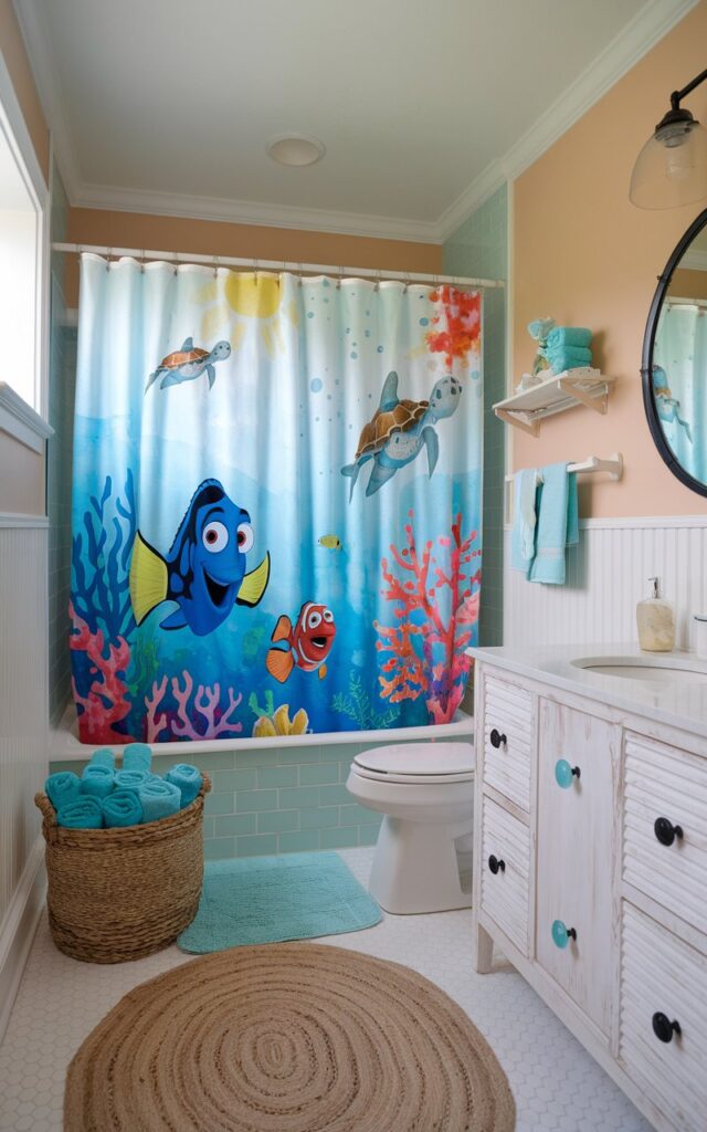 A photo of a coastal chic kids' bathroom with soft sandy beige walls and crisp white wainscoting. The bathroom is centered around a vibrant Finding Nemo-themed shower curtain. The curtain features Nemo, Dory, and sea turtles swimming through a watercolor-style ocean background in blues, corals, and sunny yellows. The rest of the space blends playful charm with coastal sophistication. There's a whitewashed wood vanity with sea glass knobs, a round porthole-style mirror, and light blue subway tiles around the tub. Accents include a jute rug, driftwood hooks, and a woven basket filled with rolled turquoise towels, creating a breezy, beachy vibe.