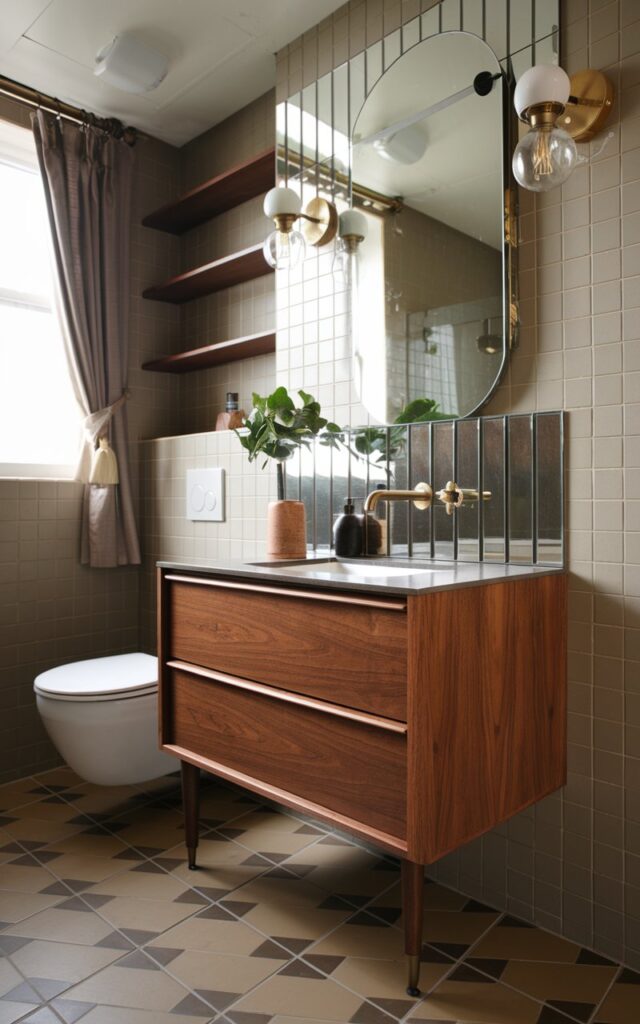 A photo of a mid-century modern bathroom with a compact layout. There is a floating vanity made of warm walnut wood with tapered legs. The vanity has a mirrored backsplash above it. The mirror is placed behind a vintage-inspired globe sconce with a brass finish. The sink has clean lines and a matte white surface. It comes with a brushed gold faucet. There is a small indoor plant in a ceramic pot placed on the counter. The floor is tiled in bold geometric patterns in muted earth tones. The bathroom has a curtained window, open shelves, and a toilet.