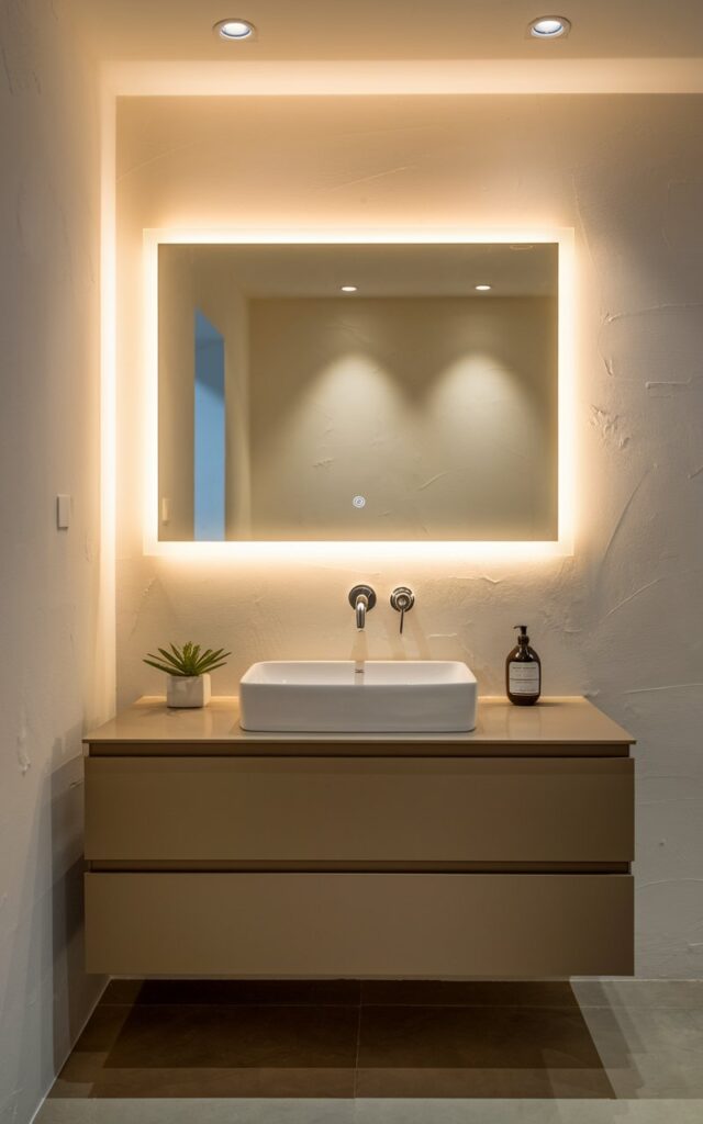 A photo of a contemporary, fully furnished bathroom with a sleek, backlit mirror mounted above a modern floating vanity. The mirror emits a soft, ambient glow, illuminating a white or light-gray wall with subtle texture. The vanity features clean lines, a matte finish, and a rectangular vessel sink. Chrome fixtures add contrast. The countertop is clutter-free, with minimal accessories like a small potted plant and a hand soap dispenser. Warm recessed lighting and large floor tiles complete the polished, spa-like atmosphere.