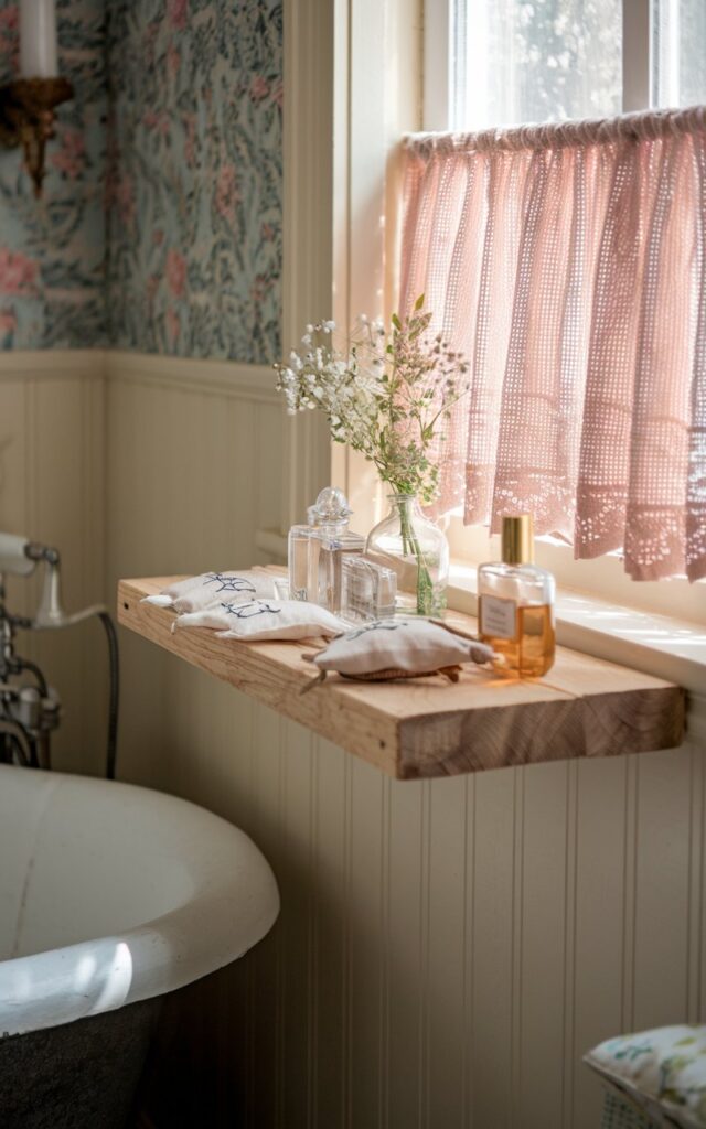 A photo of a cottagecore bathroom with a narrow wooden shelf just beneath a charming cottage-style window ledge. The shelf is made of soft, weathered pine and holds vintage glass perfume bottles, a tiny vase of wildflowers, and hand-stitched linen sachets. Sunlight filters in through ruffled lace curtains, casting a warm glow over the shelf's contents. The surrounding space includes floral wallpaper, beadboard paneling, and an old-fashioned clawfoot tub.