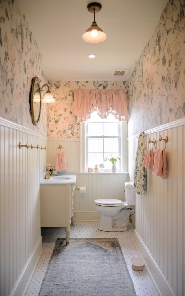 A photo of a cottagecore-chic white bathroom with beadboard running halfway up the walls, painted in soft, creamy white. The beadboard brings a sense of warmth and coziness, perfectly paired with floral prints and dainty brass hooks. Above the beadboard, the walls stay light and simple, creating balance and a hint of sophistication. The bathroom has a vintage mirror, soft pastel accents, a ruffled curtained window, a vanity, a toilet, and a floor rug. The recessed ceiling has a pendant light (Warm light on). The natural light is soft and ambient.
