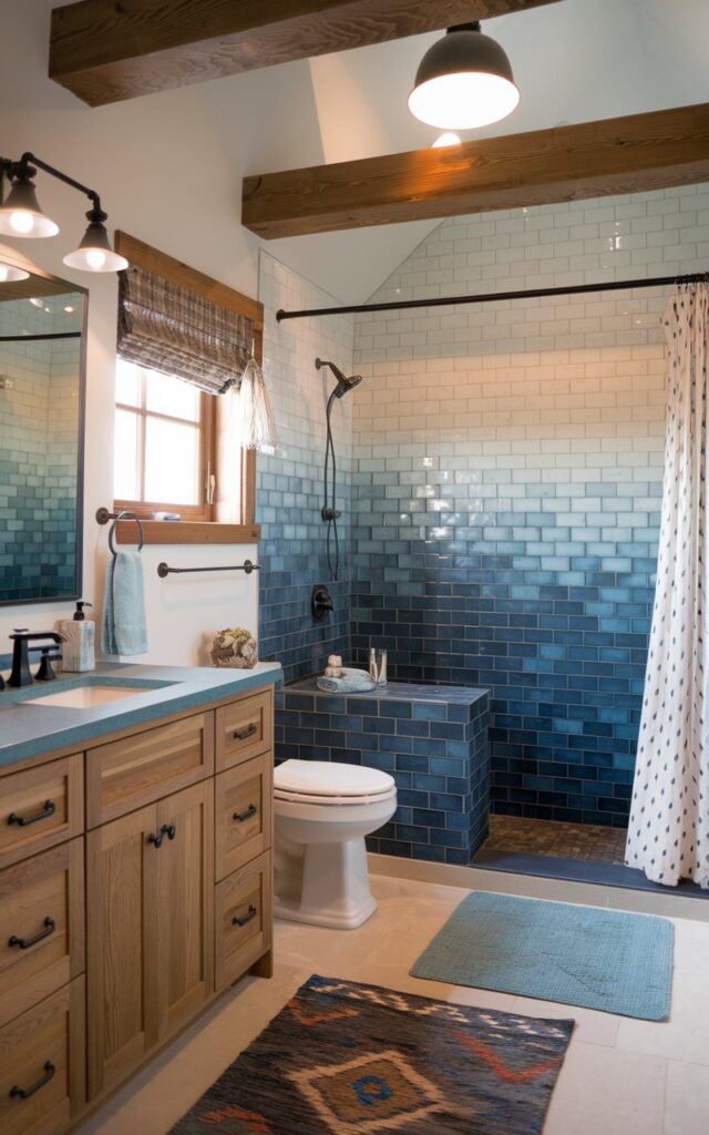 A photo of a cozy Alpine chic bathroom with Craftsman detailing. The bathroom features a stunning ombré wall made from varying shades of blue tiles that fade from deep navy at the base to pale sky blue near the ceiling. Natural wood beams and custom Craftsman cabinetry bring warmth and structure, while cool alpine stone and snowy white walls enhance the mountain-lodge vibe. The ombré tile wall acts as a bold yet serene focal point, balancing rustic textures with refined craftsmanship. The bathroom has a vanity, toilet, curtained window, floor rug, etc. The ceiling has a pendant light.