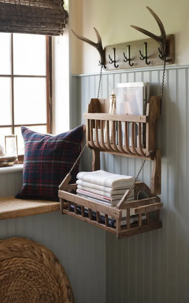 A photo of a cozy Americana meets Alpine chic bathroom with a wall-mounted wooden magazine rack. The rack is crafted from rustic oak and is secured under a window nook. It holds neatly stacked country-style magazines, linen-covered books, and a rolled flannel blanket. The space features beadboard walls in soft cream or slate blue, wrought iron hardware, and red or navy plaid accent textiles. A woven rug, a cast-iron hook rack, and touches of antler or carved wood décor complete the look. The natural light is soft and ambient.
