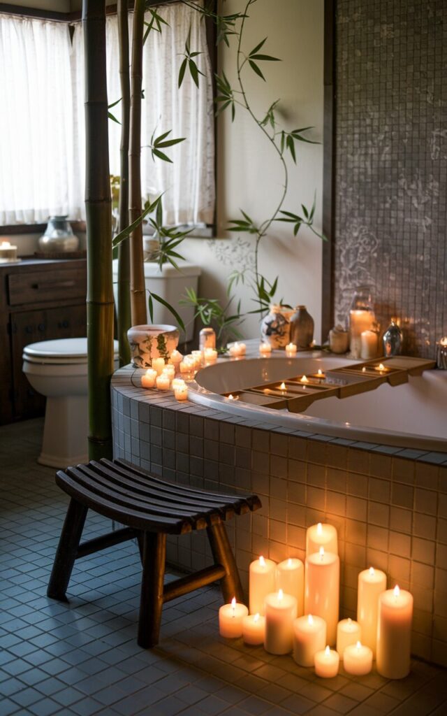 A photo of a cozy Asia Zen + cottagecore bathroom with a mix of pillar candles, tea lights, and battery-operated candles softly glowing beside a deep soaking tub. The tub is surrounded by a tiled floor and a low wooden bath stool. Bamboo accents, trailing greenery, and delicate floral ceramics bring together calming Zen minimalism and whimsical cottage charm. The candlelight flickers gently, casting serene shadows across natural textures. The bathroom has a toilet, a vanity, and a curtained window.