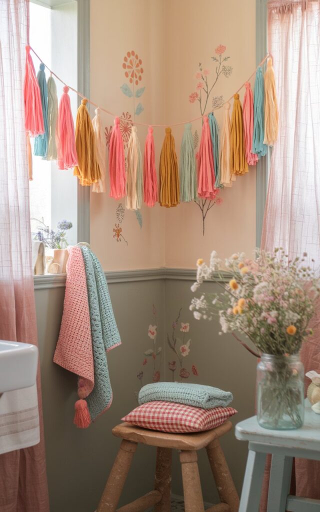 A cozy Boho+Cottagecore bathroom filled with charm and vibrant, handcrafted details. A strand of colorful tassels and pom-poms—featuring soft pastels, warm earth tones, and pops of coral or mustard—is draped playfully along a window frame. The wall behind is painted in a soft cream or sage, with floral decals or vintage-inspired wallpaper. Surrounding elements include crocheted hand towels, a wooden stool with a gingham cushion, and a glass jar filled with wildflowers. Natural light filters in through gauzy curtains, creating a warm, joyful, and storybook-like atmosphere.