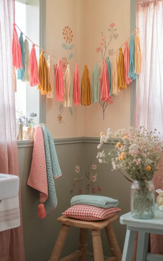 A cozy Boho+Cottagecore bathroom filled with charm and vibrant, handcrafted details. A strand of colorful tassels and pom-poms—featuring soft pastels, warm earth tones, and pops of coral or mustard—is draped playfully along a window frame. The wall behind is painted in a soft cream or sage, with floral decals or vintage-inspired wallpaper. Surrounding elements include crocheted hand towels, a wooden stool with a gingham cushion, and a glass jar filled with wildflowers. Natural light filters in through gauzy curtains, creating a warm, joyful, and storybook-like atmosphere.