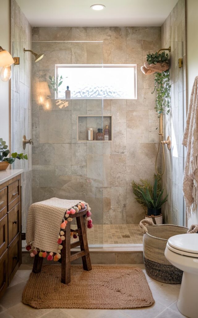A photo of a cozy Boho + chic bathroom with a waffle-knit throw blanket with playful pom poms draped over a rustic wooden stool near the shower area. The shower has a glass panel and textured natural tiles. The space is styled with woven baskets, a jute rug, potted greenery, and brass fixtures for a warm, relaxed feel. Soft ambient lighting enhances the inviting, lived-in vibe. The bathroom also has a vanity, a toilet, etc.