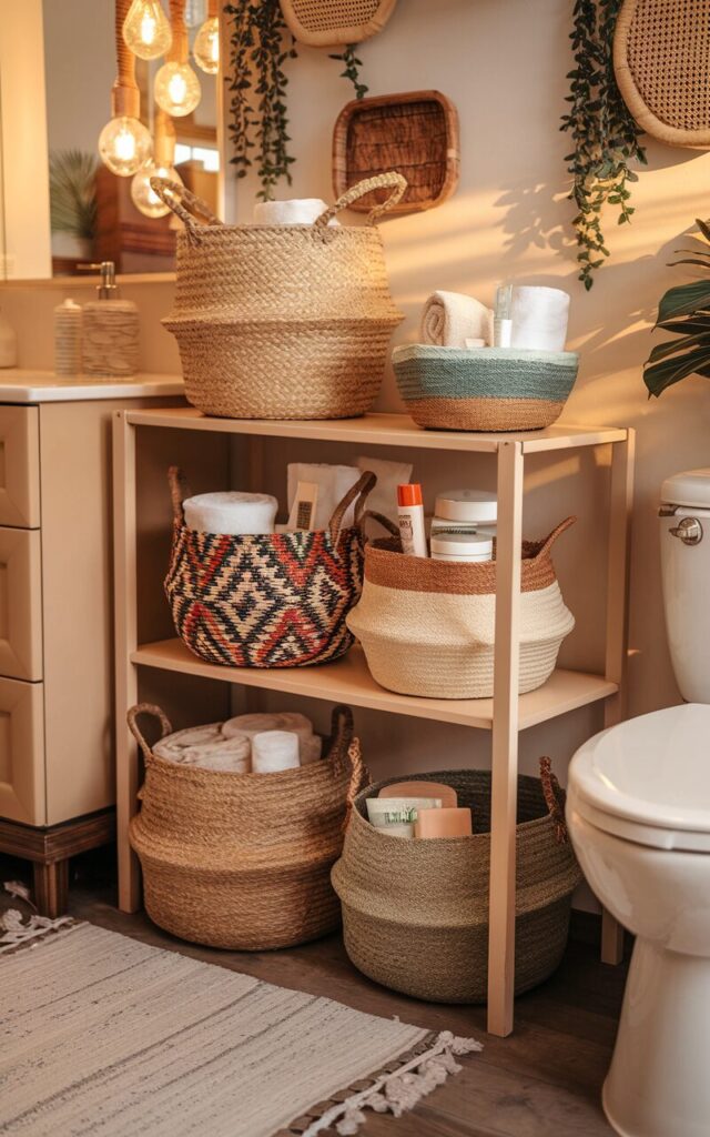A cozy, Boho-inspired bathroom corner showcasing 2-3 woven baskets in varying patterns, colors, and sizes—one in natural seagrass, another with bold tribal weave, and a third in muted earthy tones. They're neatly placed under an open shelf, each filled with rolled towels, bath salts, and skincare essentials. The setting features a vanity, a toilet, soft rug, rattan accents, and potted greenery, with warm lighting casting a golden glow over the thoughtfully curated, laid-back space.