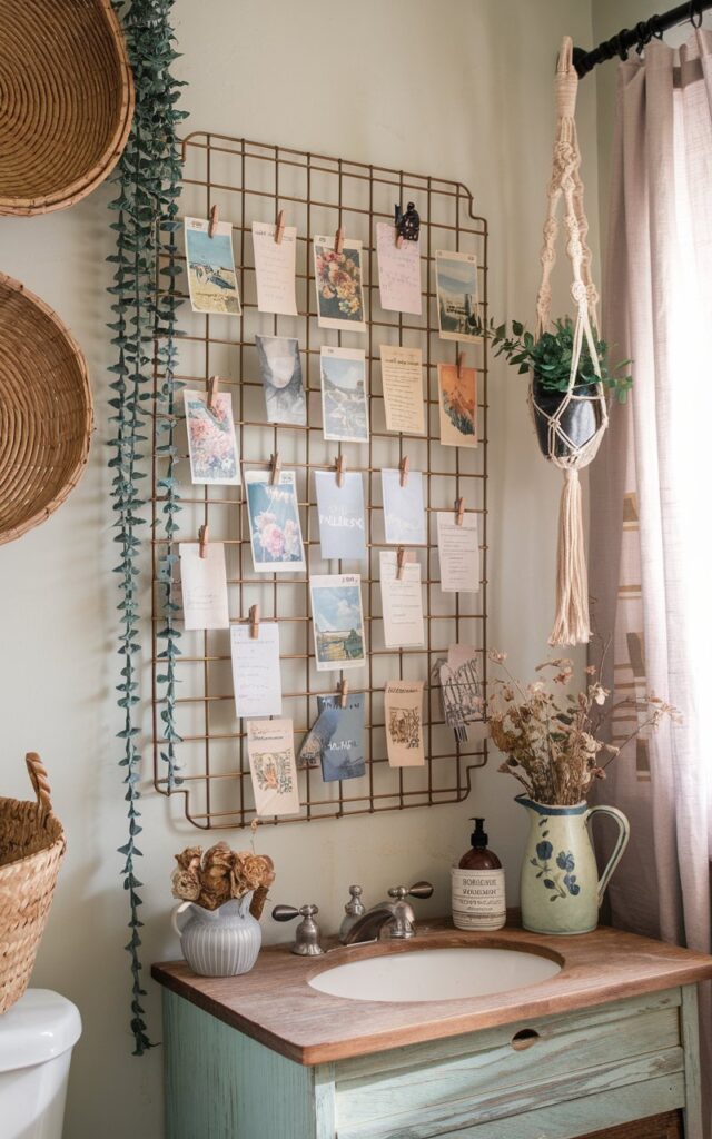 A photo of a cozy Cottagecore + Boho bathroom with soft pastel walls and natural wood accents. The room features a rustic bronze wire wall grid above a vintage wooden vanity, holding an array of vintage postcards clipped with wooden clothespins. The postcards feature floral illustrations, countryside scenes, and handwritten notes, adding a nostalgic and personal touch. The decor includes woven baskets, macramé plant hangers with trailing greenery, a linen curtain, and a vintage ceramic pitcher holding dried wildflowers. Soft natural light filters through the window, creating a warm, lived-in, and whimsical atmosphere.