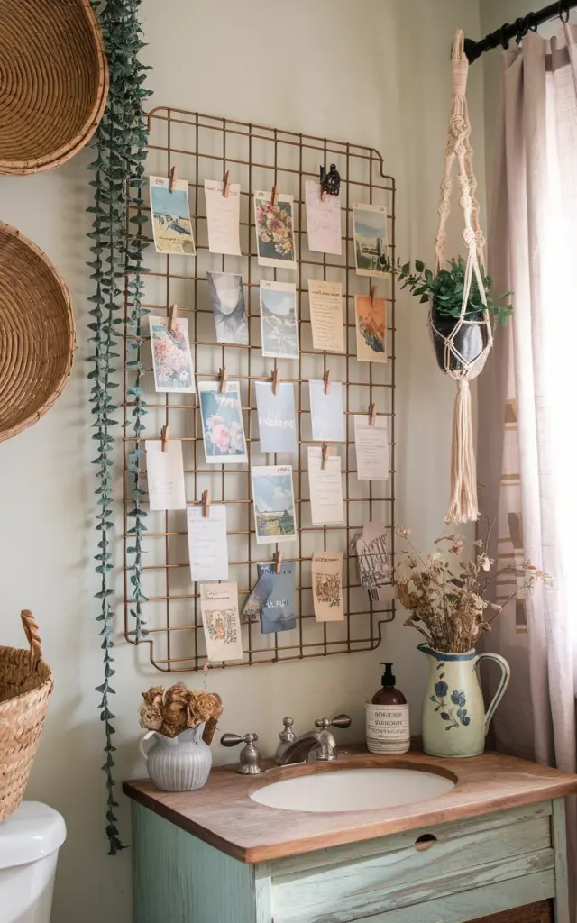 A photo of a cozy Cottagecore + Boho bathroom with soft pastel walls and natural wood accents. The room features a rustic bronze wire wall grid above a vintage wooden vanity, holding an array of vintage postcards clipped with wooden clothespins. The postcards feature floral illustrations, countryside scenes, and handwritten notes, adding a nostalgic and personal touch. The decor includes woven baskets, macramé plant hangers with trailing greenery, a linen curtain, and a vintage ceramic pitcher holding dried wildflowers. Soft natural light filters through the window, creating a warm, lived-in, and whimsical atmosphere.