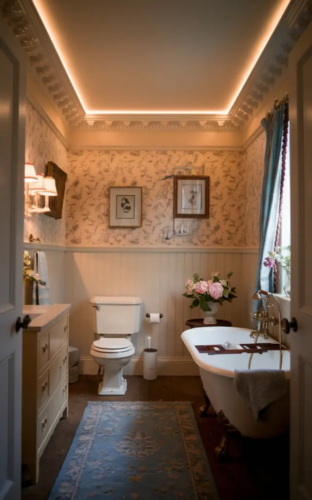 A photo of a cozy English countryside bathroom. The room features classic detailed crown molding and is softly illuminated by concealed cove lighting. The warm, gentle glow accentuates the intricate woodwork painted in creamy white or soft pastel shades. The walls are adorned with delicate floral wallpaper or beadboard paneling. Vintage brass fixtures and a clawfoot tub add timeless charm. The lighting creates a subtle, inviting ambiance that highlights architectural details without overpowering the room’s rustic elegance. Fresh flowers in a porcelain vase and antique framed prints complete the serene, nostalgic vibe. The bathroom has a toilet, a vanity, a complimenting floor rug, curtained window, etc. Natural light is very soft, ambient.
