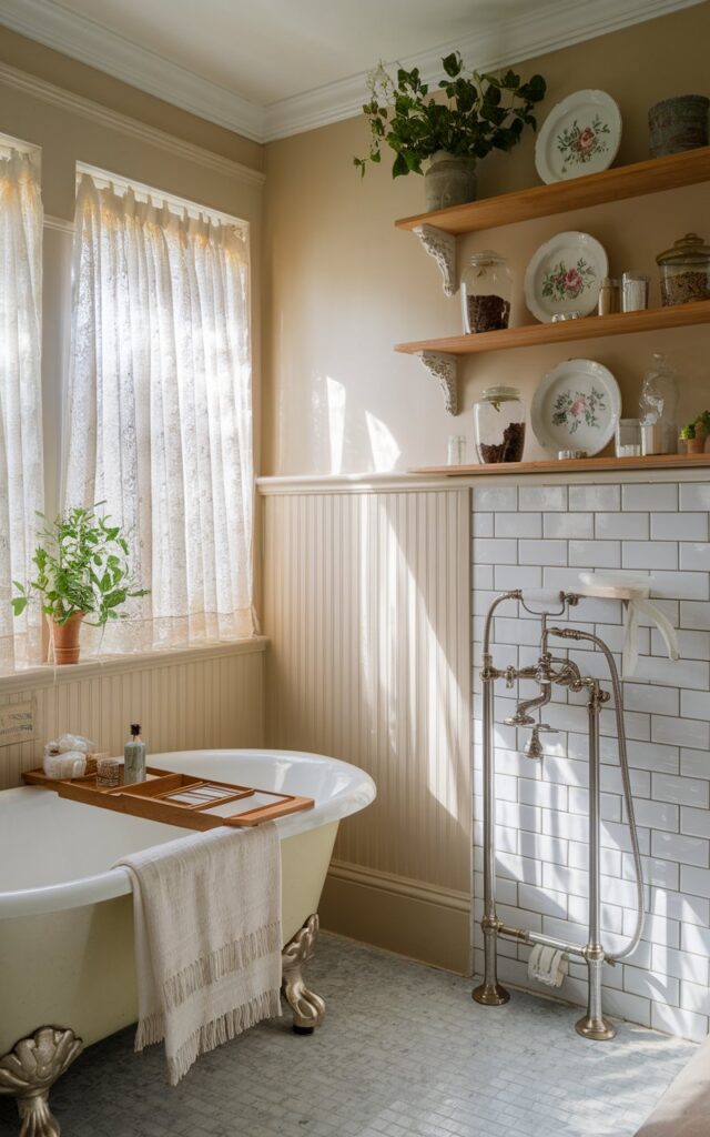A photo of a cozy English countryside bathroom with layered ivory tones on the walls, trim, and subway tiles. The bathroom features classic beadboard wainscoting and vintage-style fixtures in brushed nickel. Natural light filters through lace curtains, illuminating floral china accessories and a clawfoot tub draped with plush linens. Warm wooden shelves display potted herbs and antique glass jars.