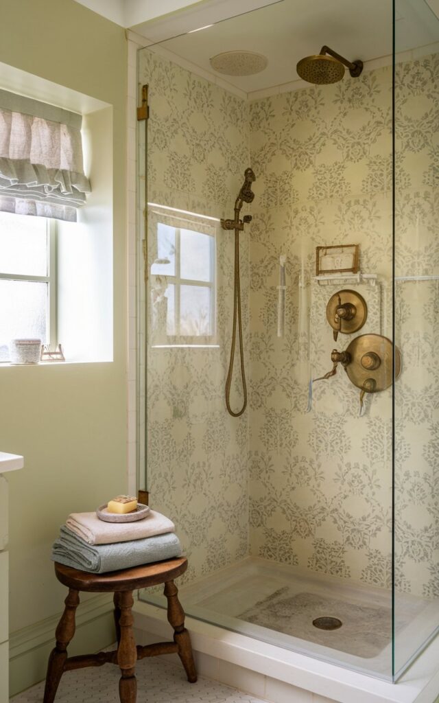 A photo of a cozy English countryside bathroom with a soft cream and sage green palette. There is a walk-in shower enclosed with frameless glass panels. The shower has a charming floral-patterned tiles and vintage-style brushed brass fittings, including a rainfall showerhead and cross-handle controls. A narrow window with a ruffled linen curtain lets in gentle daylight. A wooden stool with curved legs holds folded cotton towels and a small dish of handmade soap. The atmosphere is quaint, clean, and effortlessly elegant.