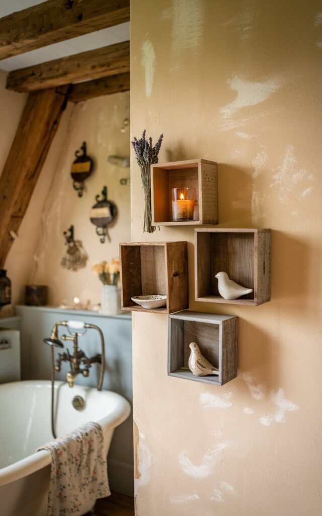 A cozy French Country + Rustic bathroom with soft, aged charm and natural textures. On a lightly distressed wall in a warm cream tone, a few mini wooden floating cube shelves are mounted in an asymmetrical cluster. The cubes are made of weathered wood and hold tiny details—like a vintage votive candle in a glass holder, a porcelain trinket dish, a small bunch of dried lavender, or a ceramic bird figurine. The surrounding space features exposed wooden beams, a clawfoot tub, brass fixtures, floral textiles, and antique-style wall hooks. The mood is romantic, collected, and quietly rustic.