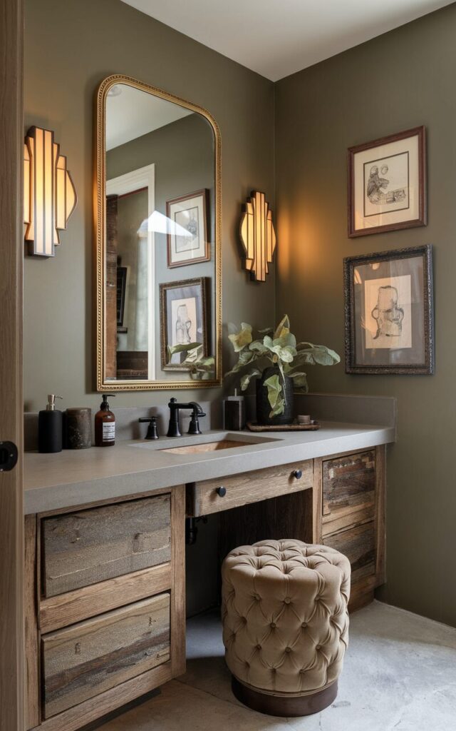 A photo of a Hollywood Glam + rustic bathroom with walls painted in muted, earthy tones like mocha beige, olive, or warm greige. There is a vintage gold-framed mirror, art deco-style sconces with dimmable warm light, and a velvet tufted stool. The bathroom has reclaimed wood accents, matte black fixtures, and a natural stone vanity top. The wall décor features 2–3 curated pieces—such as soft abstract art or vintage sketches in mixed metallic and wooden frames—adding a refined yet relaxed elegance to the inviting space.