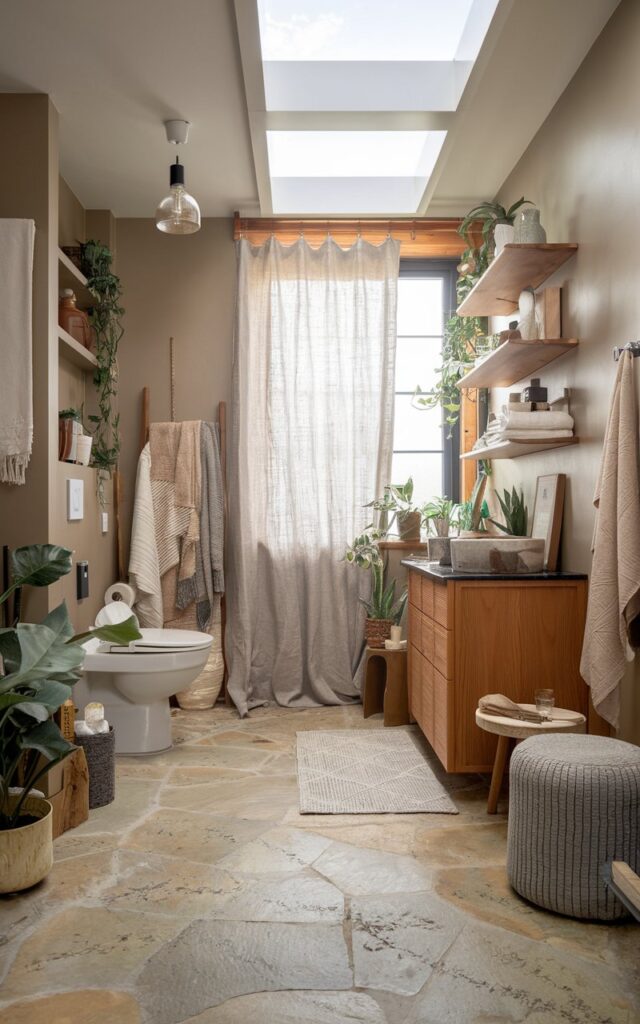 A photo of a cozy Japandi bathroom with a mix of textures. The floor is made of natural stone tiles with subtle veins. There is a warm wood vanity and shelving unit. A soft linen curtain is placed by the window, gently filtering natural light. The color palette is muted, with greige, warm beige, and soft white colors. There are plants in the bathroom, and a skylight ceiling. The bathroom also has a toilet, a textured floor rug, a ceiling pendant light, and other accessories.