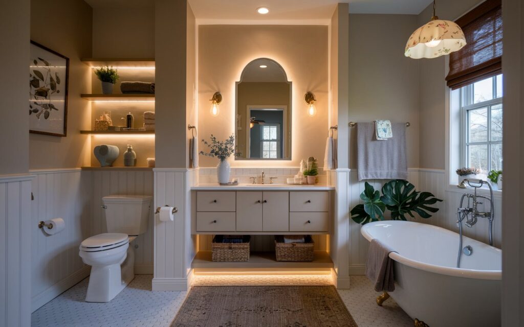 A photo of a cozy Modern Cottagecore bathroom bathed in warm, ambient glow despite the absence of natural light. Layered lighting creates depth and charm—overhead recessed lights offer soft general illumination, while vintage-style wall sconces flank a delicate arched mirror above the vanity. Under the floating vanity, dimmable LED strips cast a gentle floor glow, guiding the eye and adding subtle warmth. Above the freestanding tub, a dainty pendant with a floral shade adds just the right touch of whimsy. The space feels calm, cocooned, and thoughtfully lit—like a countryside retreat wrapped in modern comfort. The bathroom has a toilet, floor rug, open shelves, a few plants, etc. The space is lively and well-decorated.