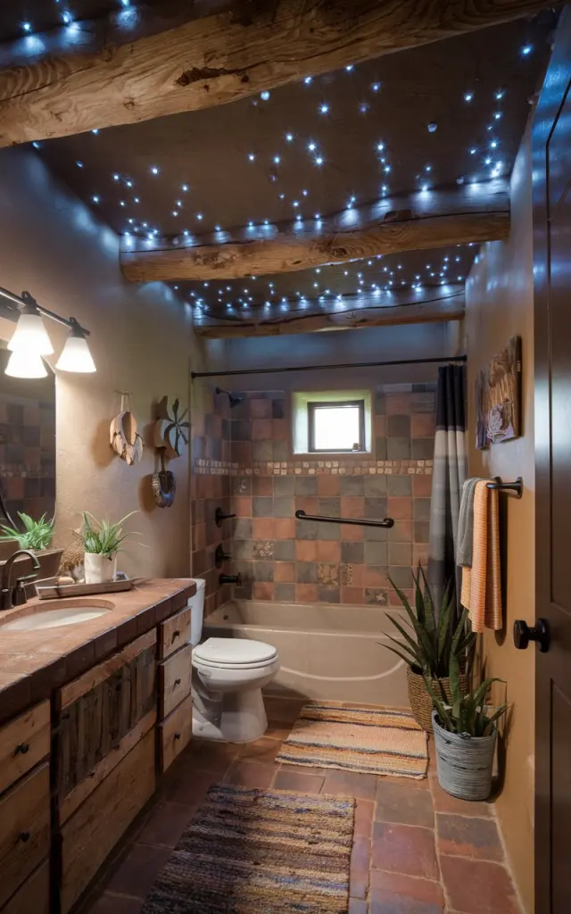 A photo of a cozy Rustic + Southwestern bathroom with adobe-style walls, terracotta tiles, and exposed wood beams overhead. The ceiling above the bathtub is dotted with tiny fiber optic lights, creating a starlit sky effect that glimmers softly in the evening. The bathroom has a vanity, a toilet, rug, a few plants, all placed strategically.