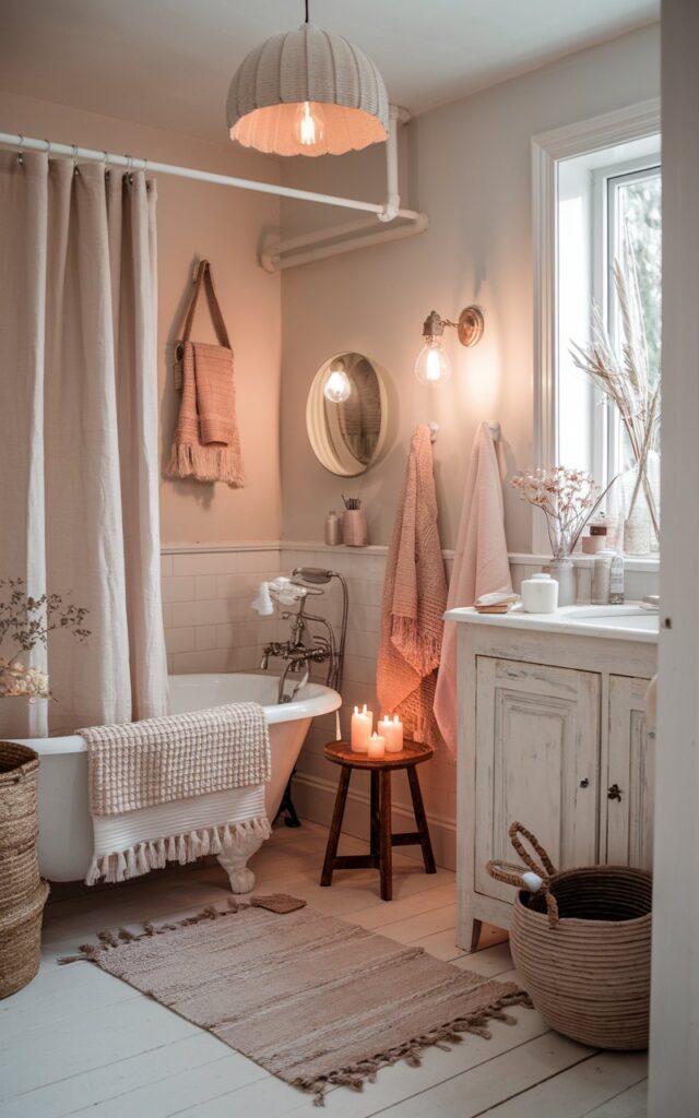 A photo of a cozy Scandi + shabby chic bathroom that radiates hygge warmth. The space is filled with soft, layered textiles—waffle-knit towels, a fringed linen curtain, and a plush rug over pale wood floors. Ambient lighting comes from a mix of sources: a soft-glow pendant lamp, a few wall sconces with distressed finishes, and candles placed on a wooden stool near the tub. The color palette includes chalky whites, dusty pinks, and warm neutrals. A vintage mirror, whitewashed cabinetry, and woven baskets complete the look, blending Scandinavian minimalism with the romantic softness of shabby chic.