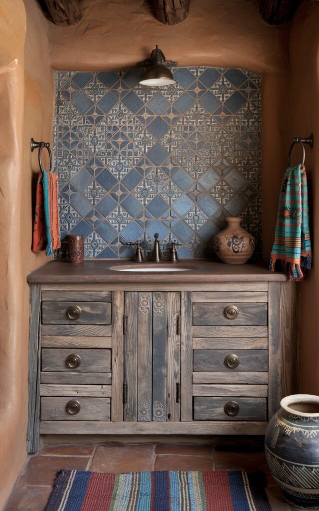 A photo of a cozy Southwestern traditional bathroom. There is a vanity with a weathered finish and bronze hardware. The backsplash is made of bold geometric blue mosaic tiles with intricate patterns reflecting Native and Spanish design influences. The warm stucco wall complements the vibrant detail. The terracotta flooring and woven textiles add to the earthy atmosphere. Artisanal pottery is also present. The overall space is rich in heritage.