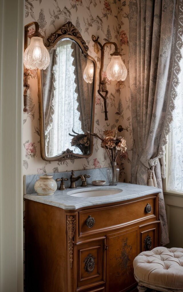 A photo of a cozy Victorian-style bathroom with an ornate vintage vanity in warm wood tones, topped with a marble counter and a gilded mirror. Above the vanity, elegant dimmable wall sconces with frosted glass shades cast a soft, adjustable glow, enhancing the romantic, old-world ambiance. The space features floral wallpaper, lace-trimmed curtains, antique brass fixtures, and delicate ceramic decor. A small vase with dried blooms and a tufted stool complete the timeless, cozy charm. Natural light is filtered.