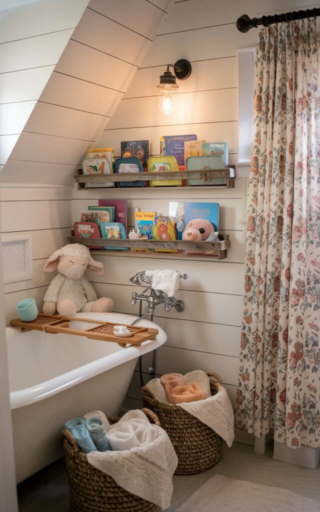 A photo of a cozy and playful kids' bathroom in a whimsical farmhouse style. The room features a rustic floating shelf near a classic white tub, holding an assortment of bath-friendly storybooks in colorful metal bins. A plush lamb and a stuffed duck are placed on the shelf. The walls are white shiplap, and there's a vintage floral curtain. Woven baskets filled with fluffy towels are placed on the ground. A tiny wall sconce with a mason jar shade adds a soft reading glow. The space is warmed by natural light.