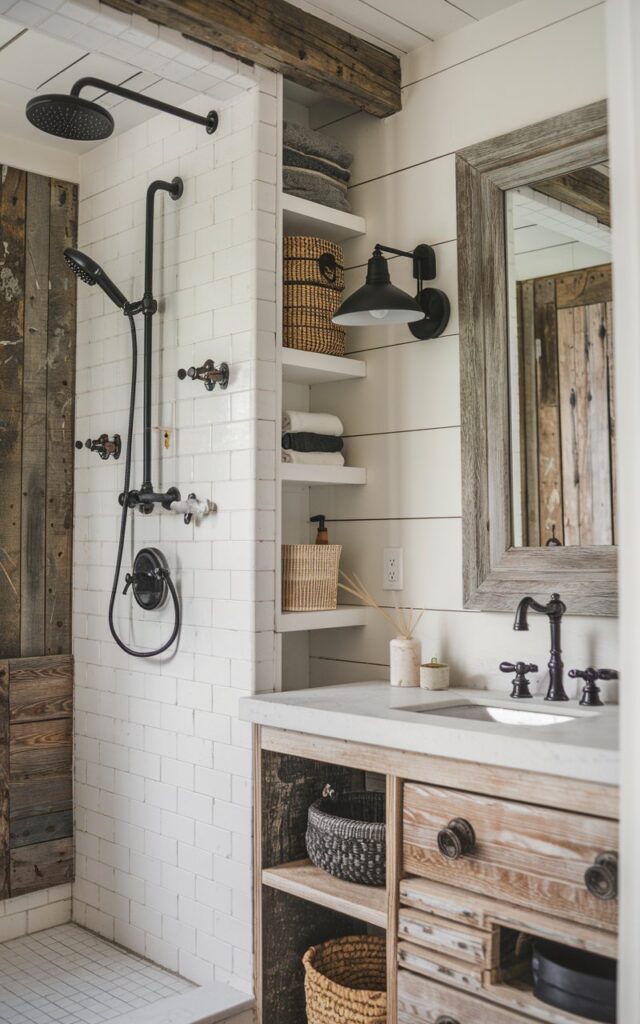 A photo of a cozy black and white rustic bathroom with a vintage-style faucet, exposed shower hardware, and wall hooks. The space has whitewashed shiplap walls and reclaimed wood elements, including a chunky vanity and open shelving. There are matte black sconces flanking a distressed wood-framed mirror. Woven baskets and stone accents are placed in the room. The contrast between the sleek black hardware and warm, weathered textures creates a welcoming yet modern farmhouse feel.