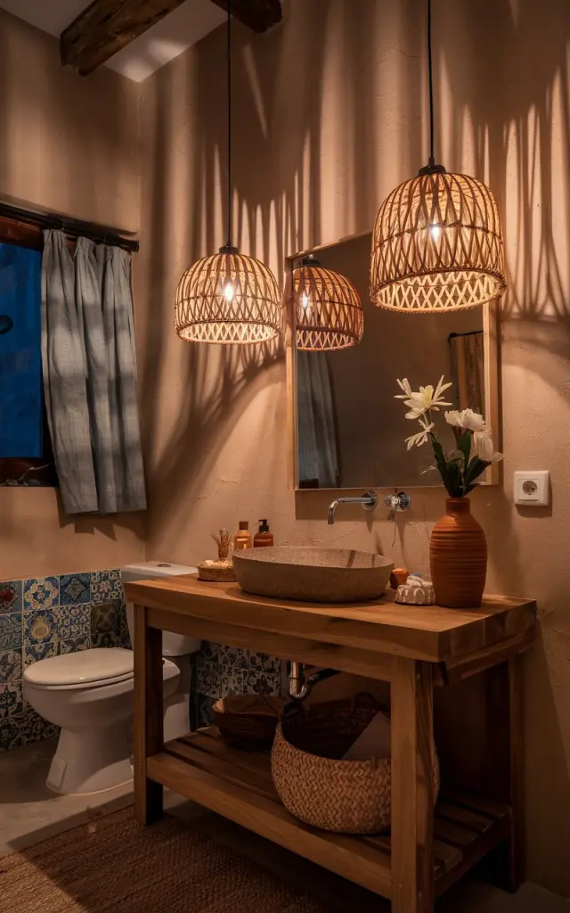 A cozy boho bathroom at twilight, with 2 warm amber pendant lights hanging low above a wooden vanity that is fully furnished with essentials, including a woven basket and a ceramic flower vase. The pendants have rattan shades that cast intricate shadows, creating a soft, intimate glow perfect for evening routines. The walls feature textured plaster, while colorful tiles peek out beneath the vanity. The bathroom has a toilet, curtained window, and a rug.