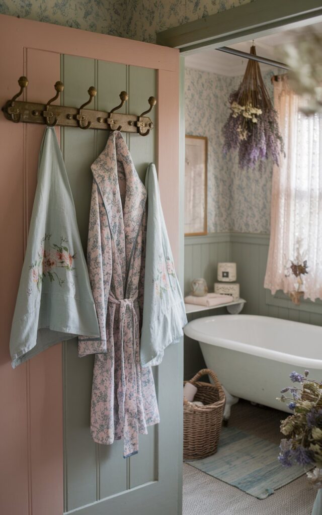 A cozy cottagecore bathroom filled with vintage charm and soft, whimsical details. Behind a paneled wooden door painted in pastel rose or sage, a row of antique brass hooks holds a floral cotton robe and hand-embroidered linen towels. The door opens into a space with faded wallpaper, a clawfoot tub, and delicate lace curtains fluttering in the breeze. A wicker basket sits nearby with lavender sachets, and dried flowers hang from the ceiling beam. The overall mood is romantic, nostalgic, and effortlessly lived-in.
