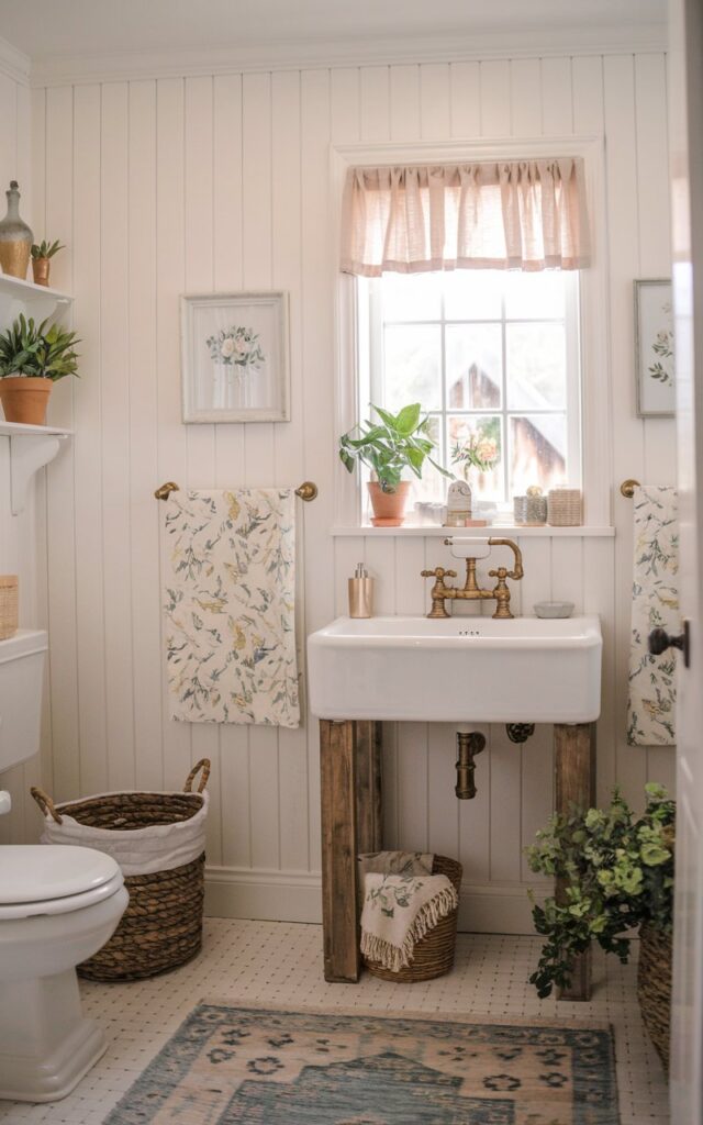 A photo of a cozy, cottagecore-inspired bathroom with vertical white shiplap panelling walls. The bathroom features vintage-style brass fixtures, a farmhouse sink with wooden accents, and a linen-curtained window that allows soft natural light to filter in. The floor is covered with a patterned rug. There are decorative touches like potted greenery, woven baskets, and floral prints. The overall vibe is peaceful, timeless, and effortlessly cozy, making it perfect for a quaint countryside retreat.