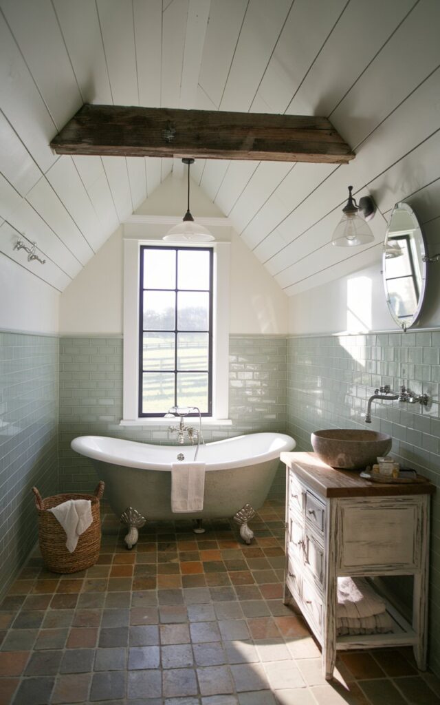 A photo of a cozy farmhouse-style bathroom with a vintage touch. The walls are covered with sage green subway tiles and white shiplap. A rustic wooden beam runs across the ceiling, holding up a pendant light. In the middle of the room, there's a vintage-inspired white freestanding tub and a distressed wood vanity with a ceramic vessel sink. The floor is tiled with earthy tones. There's a window with black trim, letting in natural light and revealing a view of a green pasture outside. The room contains a woven basket and soft linen towels.