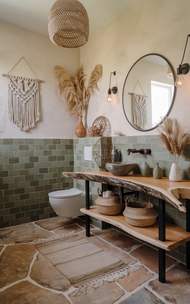 A photo of a cozy modern Boho-rustic bathroom with sage and olive green tiles lining the lower half of the walls. The upper half of the walls is plaster-finished cream. There's a live-edge wood vanity with open shelving holding earthy ceramics and woven baskets. A matte black faucet adds contrast. The floor has natural stone or terracotta-look tiles. The bathroom has dried pampas grass, macramé wall art, a fringed rug, a Boho pendant light, and soft lighting.
