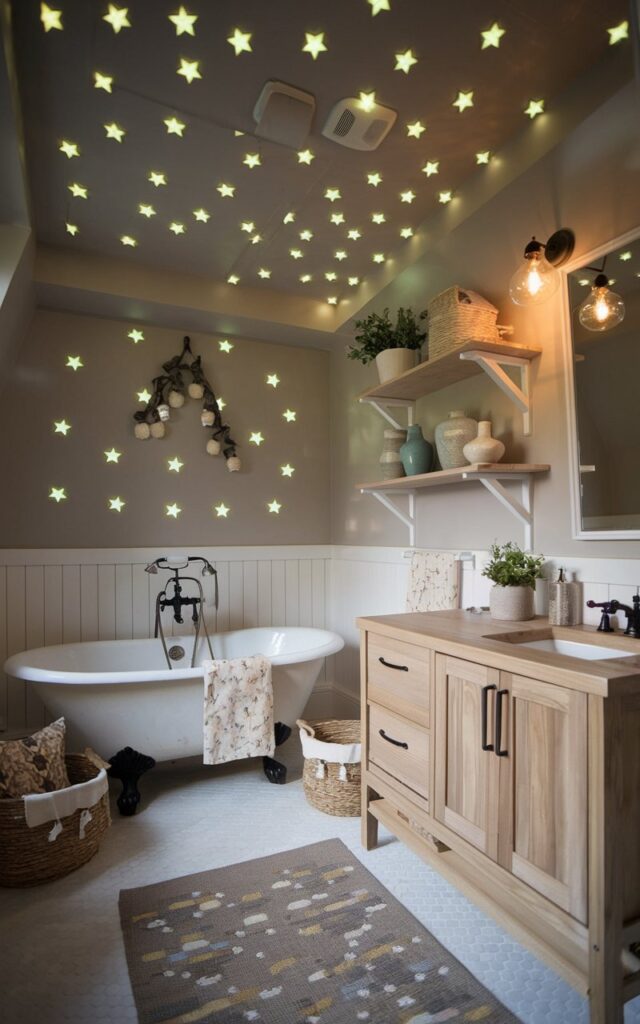 A cozy modern cottagecore kids' bathroom with soft, neutral walls and natural wood accents. The ceiling is sprinkled with glow-in-the-dark star stickers that twinkle gently when the lights go out, creating a magical nighttime ambiance. A freestanding clawfoot tub sits beneath the starry ceiling, surrounded by woven baskets and vintage-inspired floral textiles. The vanity is crafted from reclaimed wood with simple, modern lines, while open shelving displays potted greenery and handmade pottery. Warm lighting and rustic touches blend perfectly with the dreamy, starlit atmosphere.