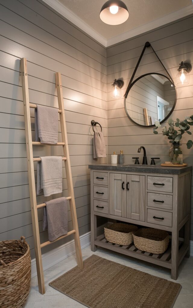 A photo of a cozy modern farmhouse bathroom with shiplap walls painted in greige and matte black fixtures. There is a slim wooden towel ladder in a natural finish leaning against the wall near a vanity. Rolled or draped linen towels in muted tones hang from the rungs, adding texture and charm. The vanity is shaker-style with a stone countertop, paired with a round metal mirror and industrial sconces. Woven baskets, eucalyptus sprigs in a mason jar, and a jute rug complete the relaxed yet polished farmhouse look. The room has a warm light from a pendant light.