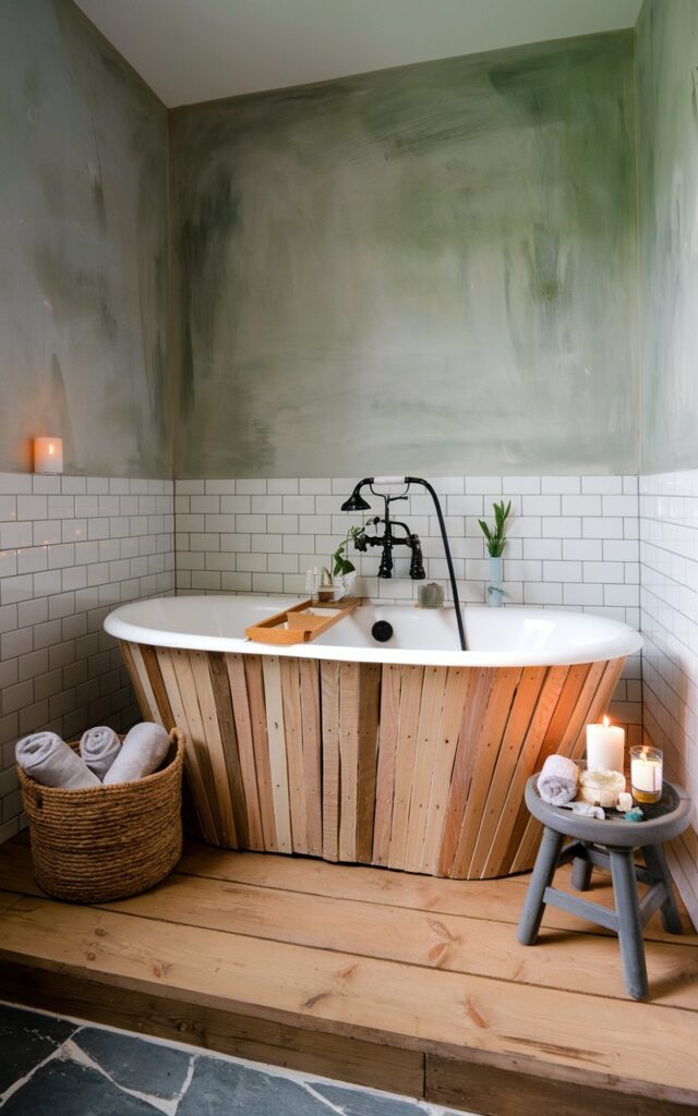 A photo of a cozy modern rustic bathroom with a freestanding tub. The tub is placed on a base wrapped in peel-and-stick wood slats in a warm, natural finish. The walls have soft gray plaster or subway tiles, and the flooring is wide-plank wood or stone-look tile. There's a woven basket holding rolled towels near the tub and a small stool displaying bath salts and candles. The room has matte black fixtures and a touch of greenery.