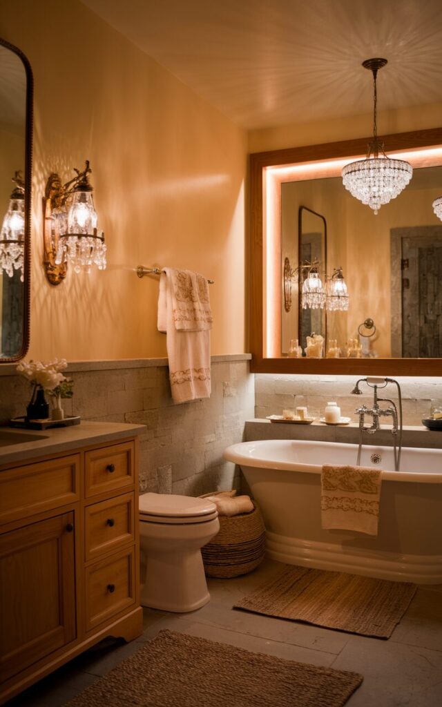 A photo of a cozy regal-style bathroom with warm-toned lighting from vintage-style sconces and a softly lit crystal pendant above a freestanding tub. The golden hue reflects off creamy walls and natural wood accents, creating a soothing, spa-like ambiance. A backlit mirror adds layers of warmth, while plush towels and a woven rug enhance the inviting atmosphere. The bathroom has a vanity, a toilet, and a floor rug.