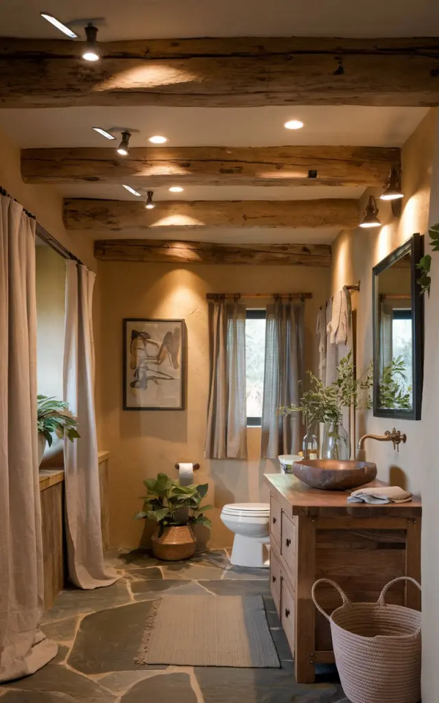 A cozy rustic bathroom with natural wood beam ceilings and warm stone or slate tile flooring. There are recessed ceiling lights with adjustable angles subtly embedded between the beams. The light casts a focused, directional glow onto key areas, like the vanity, and textured walls with framed art. The space includes a reclaimed wood vanity, a copper or stone vessel sink, and vintage-inspired bronze fixtures. Soft linen curtains and woven baskets add earthy charm. The angled recessed lights maintain a clean ceiling line while enhancing the room's natural textures and inviting warmth. There are also plants, a toilet, curtained window, floor rug, etc.