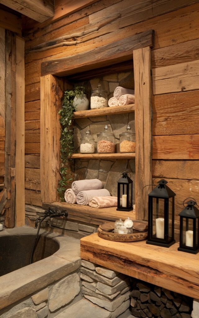 A photo of a cozy rustic bathroom with a warm, earthy palette. The walls are made of reclaimed wood. There is a recessed nook carved into the wall between the exposed wooden studs. The nook is framed with natural timber and contains rolled cotton towels, glass jars of bath salts, and hand-poured soaps. The back of the nook is lined with stone to add texture and depth. Below the nook, a cast iron tub sits on stone flooring. A chunky wood beam acts as a shelf for plants and lanterns. The space feels handmade and lived-in, with practical storage seamlessly built into the rugged charm of the room.