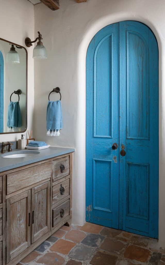A photo of a cozy rustic-chic bathroom with a weathered wood vanity, stone or terracotta floor, and antique brass fixtures. The showstopper is a boldly repainted door in striking azure blue, adding an unexpected splash of color and personality. The space also features vintage wall hooks with towels and a touch of elegance.