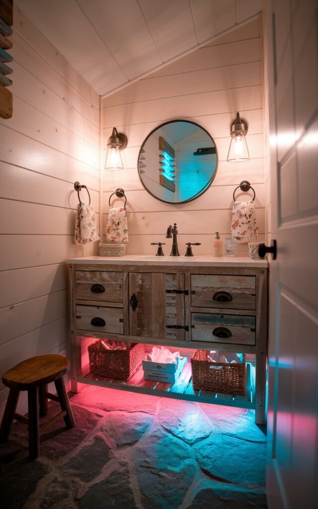 A cozy rustic kids' bathroom with natural wood elements and stone accents, softly illuminated by warm pink and blue LED strip lights glowing beneath a reclaimed wood vanity. The vanity has a weathered finish, chunky wooden drawers, and iron handles, sitting atop textured stone or slate flooring. The glow from the lights casts a magical, storybook-like hue on the floor—like twilight in a forest. Above, a round mirror hangs on a shiplap wall, framed by vintage-style sconces. Small wicker baskets store essentials, while a wooden stool and floral hand towels add homey, countryside charm. No natural light; only light from LED.